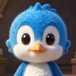 Bright blue head with white face details, styled like a cartoon