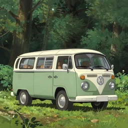 a wide shot of a 1 9 9 0 s volkswagon camper van in a forest in the style of studio ghibli and moebius