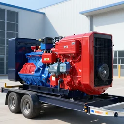highly detailed 2 mw cat diesel generator, 2 4 vdc battery starter, color red, blue day tank, installed in trailer outside datacenter building, concept art, character art, studio lightning, bright colors, intricate, masterpiece, photorealistic, hyperrealistic, sharp focus, high contrast, artstation hq, deviantart trending, 4 k uhd, unreal engine 5