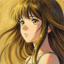 recursive image with a girl looking at future, large eyes, her long hair flowing, surreal, oil pastels and gold, in the style of katsuhiro otomo, modeled in poser, redshift render, uhd