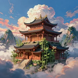 asian architecture with mountains, bamboo, blue skies, and voluminous clouds ; beautiful, amazing, colorful, dramatic lighting, cel - shaded, amazing depth, vivid colors, masterpiece ; behance hd, octane render, unreal engine 5, hyperdetailed, photography, photorealistic