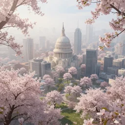 magnificent city in late spring, flowers will fade, some fog, realistic style, high details, scene concept. digital art, trending on artstation