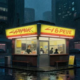 the only open cyberpunk blade runner fast food stand in the cyberpunk city during a melancholy rainy night by rene magritte