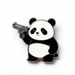 enamel pin of a panda holding a gun. product photography. white background