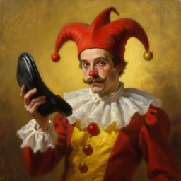 greg manchess oil matte portrait painting, man with mustache in jester clothes holding a clownshoe, fantasy, wonderful masterpiece highly detailed, scifi, beautiful cinematic light deep focus, elegant, digital painting, smooth, sharp focus, golden ratio, dramatic illumination, ultra realistic, 4 k, art by greg rutkowski wlop rossdraws
