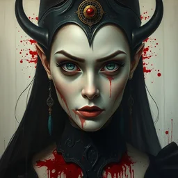 a hyper realistic witch queen, beautiful symmetrical face, award winning painting, brush splashes of blood, artwork by chiara bautista and beksinski and norman rockwell and greg rutkowski, tom bagshaw weta studio, and lucasfilm
