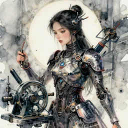korean women's fashion machine witch, intricate watercolor cyberpunk portrait by tim doyle