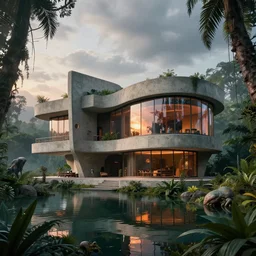 a futuristic spacepunk house designed by ( ( le corbusier ) ) frank lloyd wright mies van der rohe louis kahn surrounded by concrete and jungle reflecting water volumetric lighting daytime. alien planet atmosphere. alien animals in forest, vaporwave futurism sunset metal concrete glass windows cloudy skies artstation 8 k photorealism finely detailed unreal engine imax cinematic epic centered rule of thirds brutalist architectural rendering