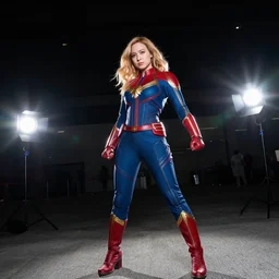 nayeon cosplaying as captain marvel, dragoncon, flash photography, wide angle