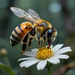 super macro of a mechanical bee drinking from a flower in the forest. fantasy horror cyberpunk style. highly detailed 8 k. intricate. nikon d 8 5 0 3 0 0 mm. award winning photography.