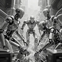 trapped in the flow of time. intelligent machines. photorealistic. octane render. 8 k. monochrome. cinematic.