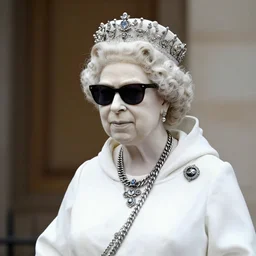 white Marble Statue of Queen elizabeth, cool chains, hoodie, sunglasses
