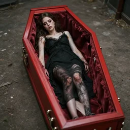 - i full - bodied girl dead in a red coffin wood box