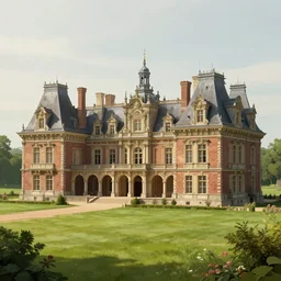 matte painting of a countryside landscape of a nobleman large estate with xix century manor. fantastical, elegant, intricate elaborate, brown brick, opulent, archways, columns, balcony, towers, verdant lawn. sharp focus, smooth detailed digital art trending in artstation