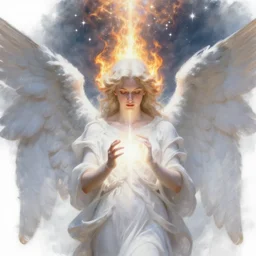 renaissance hyper realistic painting of white angel!!! beautiful face, no gender!!!, ball of miracle light from the chest!!!!!, miracle light coming overhead!!, miracles everywherea lot of stars overhead!!!, fire around the head!, by caspar david friedrich, misty space, holography effect, glow effect, large strokes, soft shadow and light, high detailed, white background