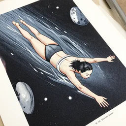 screen print, a young woman swimming in space, loish, ( ( karolis strautniekas ) ), christopher balaskas, victo ngai, detailed, dynamic pose, halftone shaded, matte print, editorial illustration