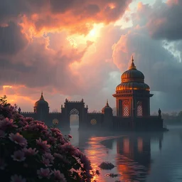 ta ha, volumetric lighting, highly detailed, by greg rutkowski, complementing colors, god looking at me, heavy rainy, lofty heavens, water reflection, flowers, hyper realistic, concept art, 8 k detail post - processing, arcane style