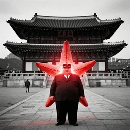 light coming out of one starfish - like kaiju anthropomorphic monster, korean film noir, korean traditional palace, kim jong - il standing, pyongyang city, 1 9 6 0 s, red color bleed, 4 k, video compression, video glitch, monochrome, akira kurosawa, mamoru oshii, wes anderson, stanley kubrick