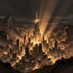 field of large rebel city on mountain, concept art, digital painting, style of jordan grimmer, warm lighting, futuristic, volumetric lighting, view from below,dark, nighttime, godrays, high detail