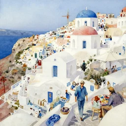 busy santorini, impressionistic watercolor painting by alvaro castagnet, john singer sargent, simon stalenhag, thomas kinkade, craig mullins