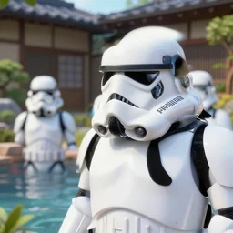 detailed close - up image of the japanese home with a garden, stormtroopers in hot springs, pop - art style, jacky tsai style, andy warhol style, roy lichtenstein style, rich palette, acrylic on canvas