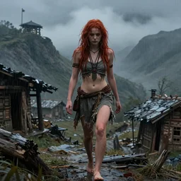 a beautiful girl, messy long red hair and wet grey tribal clothes, short torn up pants, she is walking on a mountain, a very poor old shanti town with wooden ruins, medieval time, heavy rain, late at night, mist, cinematic, highly detailed, digital painting, artstation, m, smooth, sharp focus, art by artgerm and greg rutkowski and alphonse mucha and william