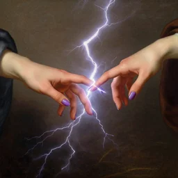 beautiful femake hand, purple nails, two hands reach to each other, touching by the tips of the fingers, lightning energy coming between the hands, classical relegious painting, michelangelo, concept art, disney, stanley kubrick