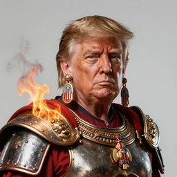 donald trump as an azctec warrior, detailed perfect face, exquisite details, fire magic, mid view, design on a white background, by studio muti, greg rutkowski makoto shinkai takashi takeuchi studio ghibli