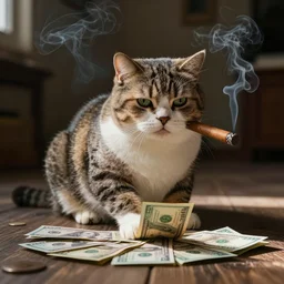 a fat cat smoking a cigar whilst counting his money