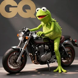 sexy kermit the frog leaning against a motorcycle. gq magazine photograph.
