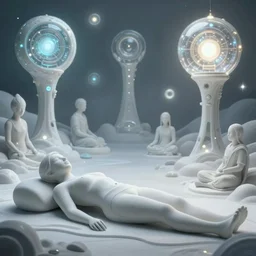 high depth, collective civilization learning, calm, healing, resting, life, hybrids, scifi, glowing lights!!, published concept art, mixed medias, image overlays, sharp focus, thin glowing wires, winning illustration, art by greg rutkowski and alphonse mucha, singularity!!!, 3 6 0 projection