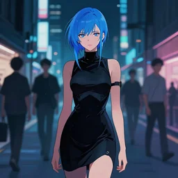 digital illustration of cyberpunk pretty girl with blue hair, wearing a tight black dress, in city street at night, by makoto shinkai, ilya kuvshinov, lois van baarle, rossdraws, basquiat