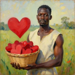 a beautiful painting of an african instagram heart farmer. in his arm he has a basket full of hearts. in style of ilya repin, trending on artstation