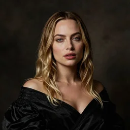 portrait photography of  Margot Robbie  in style of  Caravaggio, dramatic colors scheme, fine art photography, dramatic background,
