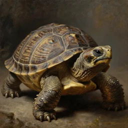 subject:  barbarian turtle , style:  very detailed heavy textured rembrandt oil painting with dramatic light , very sharp detail