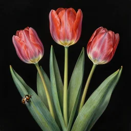 tulips and bugs, black background, artwork by maria sibylla merian