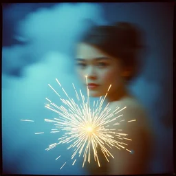 kodak portra 4 0 0, wetplate, muted colours, blueberry, 1 9 1 0 s style, motion blur, portrait photo of a backdrop, explosions, rockets, sparkling, arcane's jinx, aka powder, by georges melies and by britt marling