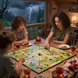 boardgame party, thunderstorm outside, cozy cabin, blanket, tea, drinks, curly hair, by herbert james harper, volumetric lighting, smooth, concept art, sharp, 4 k, highly detailed