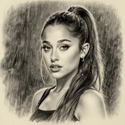 Ariana Grande facing forward, rain in the background, hyper realistic pencil sketch
