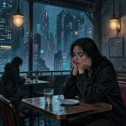 melancholy rainy night at a cyberpunk cafe in an infinity cyberpunk city by giorgio de chirico