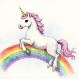 a unicorn sliding on a rainbow. realistic watercolor and pencil painting.