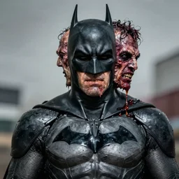 mutated Batman, with two heads, gross, disgusting, photograph,
