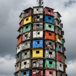 close - up view of a tower made up of colourful makeshift squatter shacks with bleached colours, moody cloudy sky, dystopia, mamiya, f 1. 8, very detailed, photographed by bruno barbey