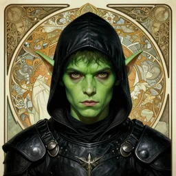 head-on symmetrical centered painted portrait, Macaulay Culkin as a green-skinned goblin assassin, black leather armour, art nouveau, tarot card style, complex tarot card background, fantasy, intricate, elegant, highly detailed, smooth, sharp focus, illustration, artstation, in the style of Artgerm and Anna Podedworna and Alex Ross and Mucha