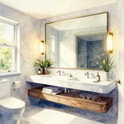 a hiper intricate watercolor of a beatiful modern bathroom with mirror, extremely detailed, sharp focus, wide view, smooth, digital illustration, colorfull, by william turner art, by greg rutowski, by carl larson, by edmund dulac