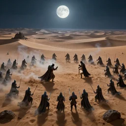 two armies of liches fighting in a desert plateau, view from above, full moon, brightly lit, fantasy art, 8 k