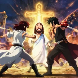 jesus!!! christ!!! having an epic anime fight, anime movie frame, cinematic composition,