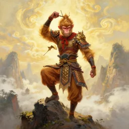masterpiece painting by Greg Rutkowski, Sung Choi, Mitchell Mohrhauser, Maciej Kuciara, Johnson Ting, Maxim Verehin, Peter Konig, of the legendary monkey king wu-kong stands on a rock in a mountain striking an action pose and wearing his armor, surrounded by light gold clouds in the sky