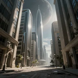 beautiful low angle picture of an abandoned city street on a planet with amazing sleek architecture by richard dadd, ultra detailed, elegant and graceful, trending on artstation, dramatic lighting, light rays and shadows, octane render directed by stanley kubrick