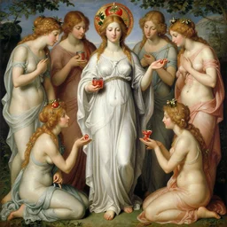 the goddess of canned tomato paste surrounded by a court of nymphs, by tom bagshaw peter kemp, beautiful highly symmetric faces